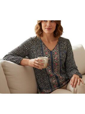 J Jill Petite XS Floral V Neck Blouse Long Sleeve Lightweight Tencel Top